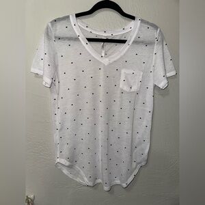 Love Charm Women’s Sheer V-Neck T-Shirt with Navy Blue Heart Polka Dots